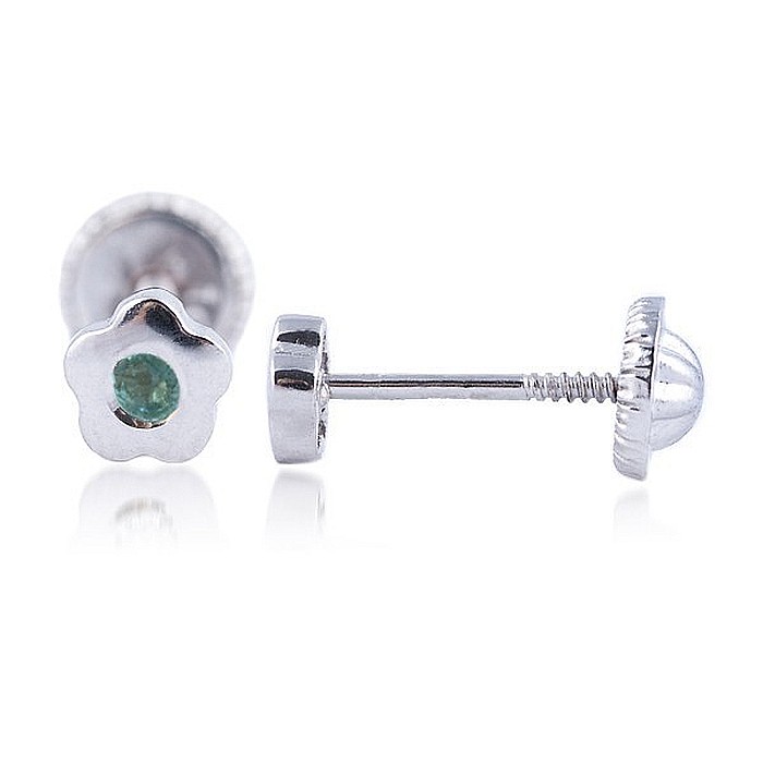 Cercei din aur alb 14K Floricele 4mm cu Smarald [2]