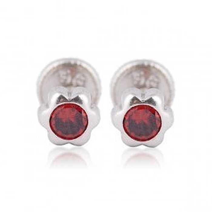 Cercei din aur alb Floricele 4 mm cu piatra rosie [3]
