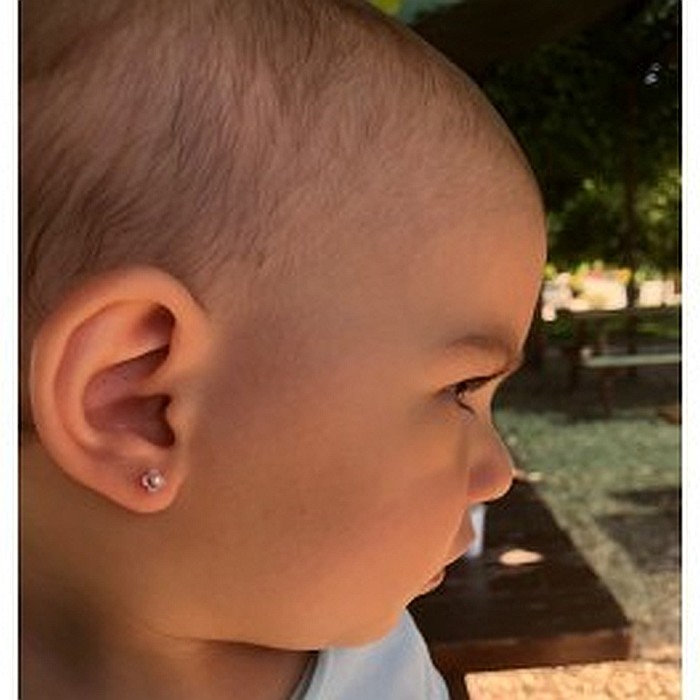 Cercei din aur galben mici cu surub bebelusi copii Flori roz cu perla [3]