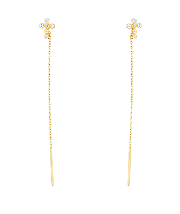 Cercei lungi din aur 14k cu lantisor Cruciulita cu pietre 8 mm [2]