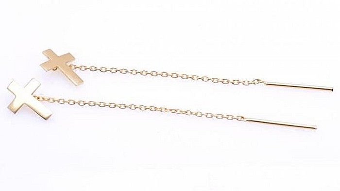 Cercei lungi femei din aur galben 14k ieftini cu lantisor Cruce [3]