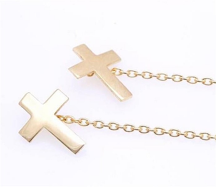 Cercei lungi femei din aur galben 14k ieftini cu lantisor Cruce [2]