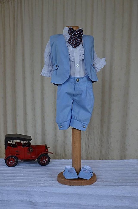 Costum botez baiat bleu de vara, LUCE din in bleu si bumbac alb, 5 piese [2]