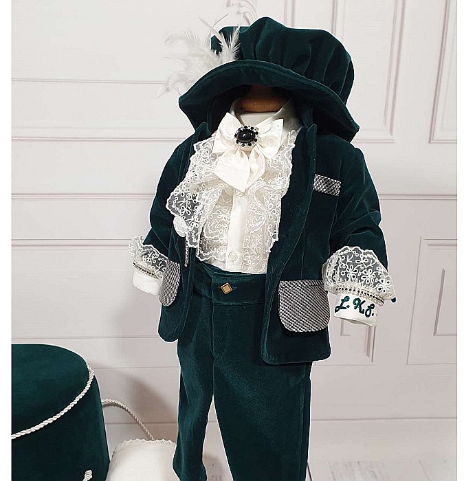 Costum botez baiat catifea verde Micul Print LUKAS, 6 piese [4]