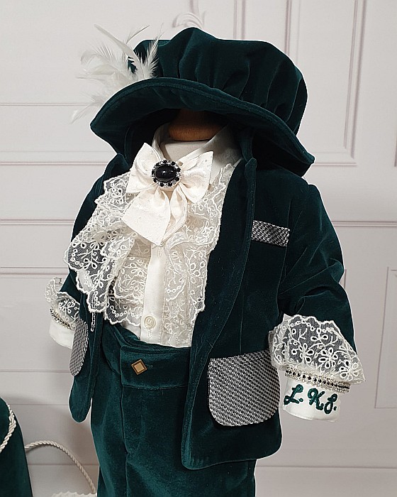 Costum botez baiat catifea verde Micul Print LUKAS, 6 piese [2]