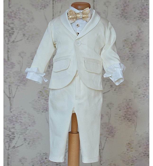 Costum botez baiat de vara cu bumbac ivoire CAVALIERE, 6 piese [2]