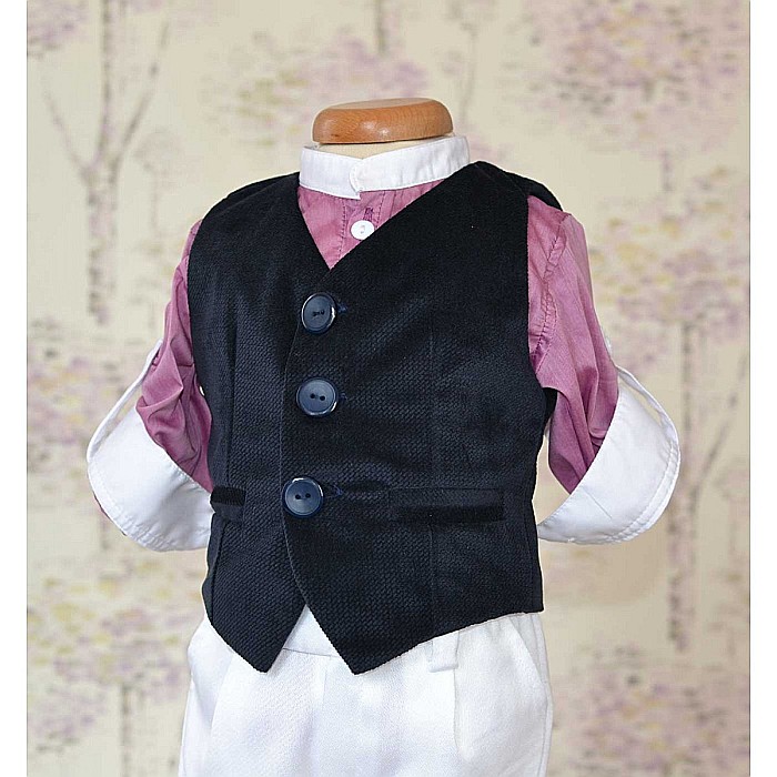 Costum botez baiat de vara Lila Gentleman vesta catifea stofa alba, 5 piese [3]