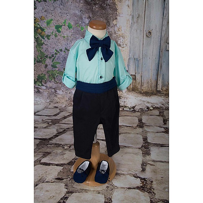 Costum botez baiat de vara MINT TRACE bleumarin si verde menta, 4 piese [2]