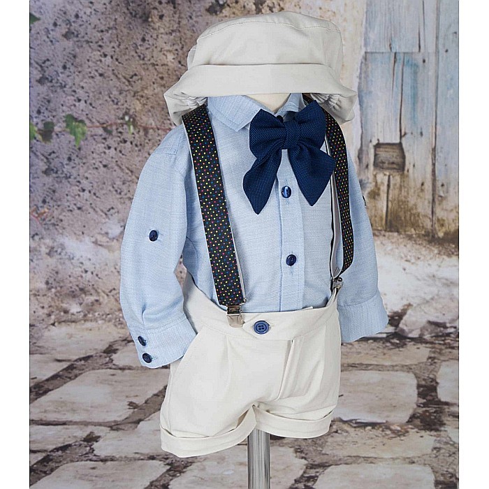 Costum botez baiat pentru vara bleu ROBY, din bumbac, camasa tip body, 6 piese [4]