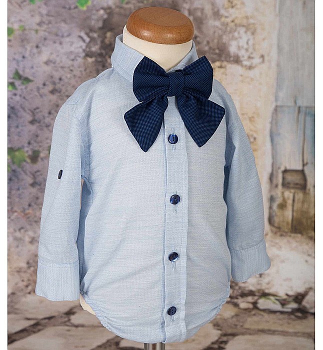 Costum botez baiat pentru vara bleu ROBY, din bumbac, camasa tip body, 6 piese [5]