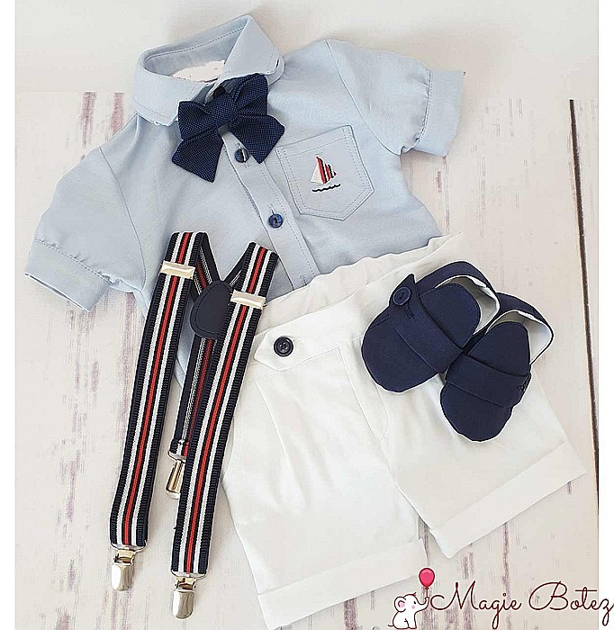 Costum botez baiat pentru vara Matelot, din bumbac, camasa tip body, 5 piese [2]