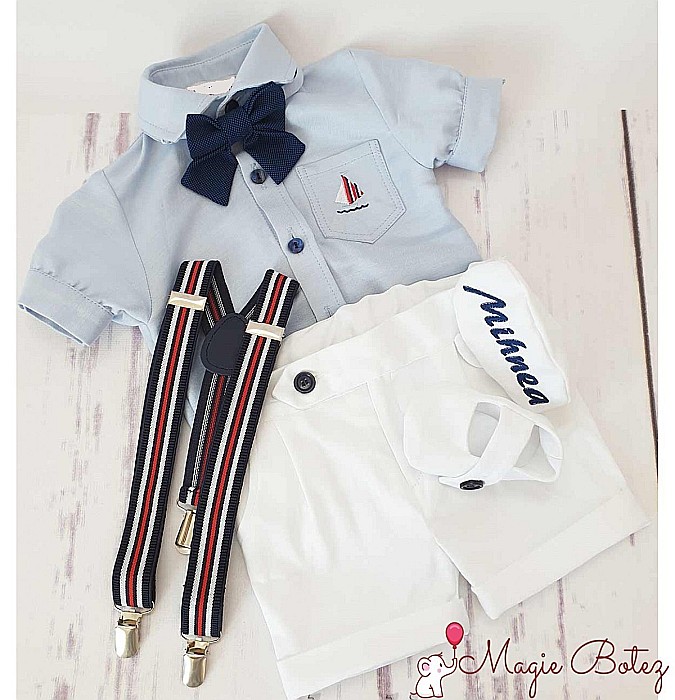 Costum botez baiat pentru vara Matelot, din bumbac, camasa tip body, 5 piese [4]