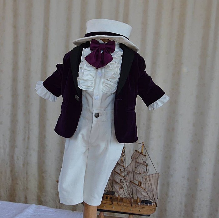 Costum botez baiat superb de vara, Knight Velvet din catifea mov, 6 piese [3]