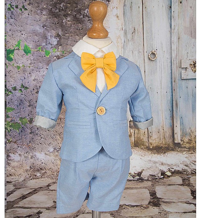 Costum botez baieti de vara din in bleu racoros BRACES, 6 piese [3]