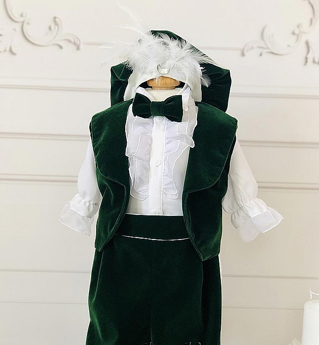 Costum botez baieti verde pentru vara SPRING FIELD, 6 piese, din catifea verde [2]