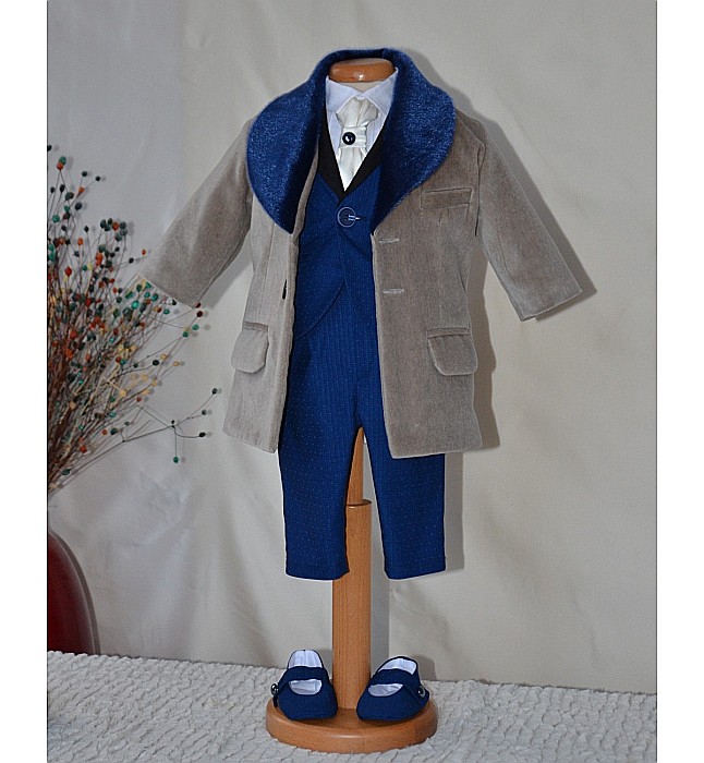 Costum cu palton botez baieti toamna-iarna din catifea, 7 piese, HUGO [2]