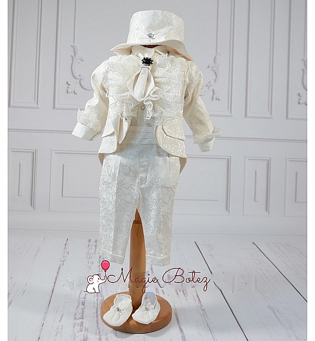 Costum de botez alb-ivoire baiat Fabian din brocart ivoire, 6 piese [3]