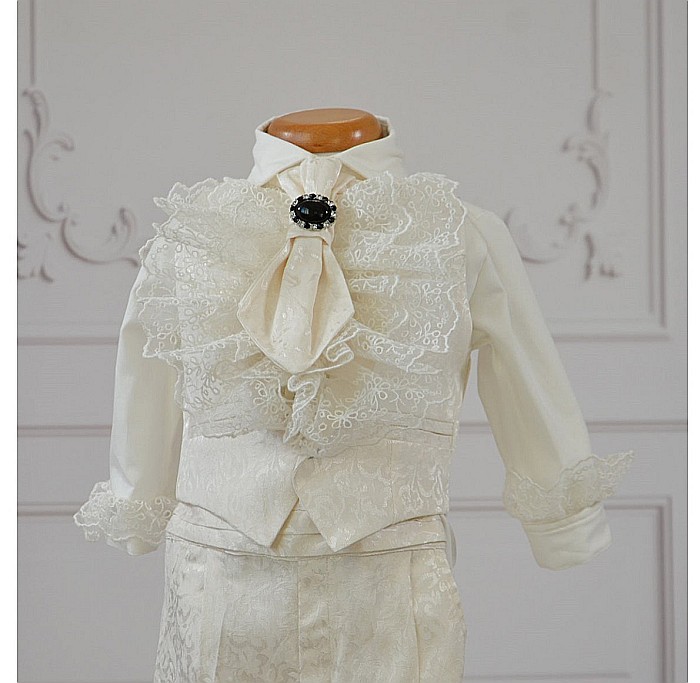Costum de botez alb-ivoire baiat Fabian din brocart ivoire, 6 piese [4]