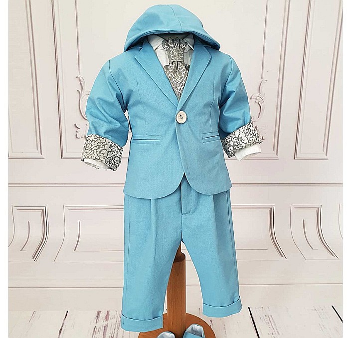 Costum de botez albastru baieti Azzuro de vara din bumbac bleu [3]