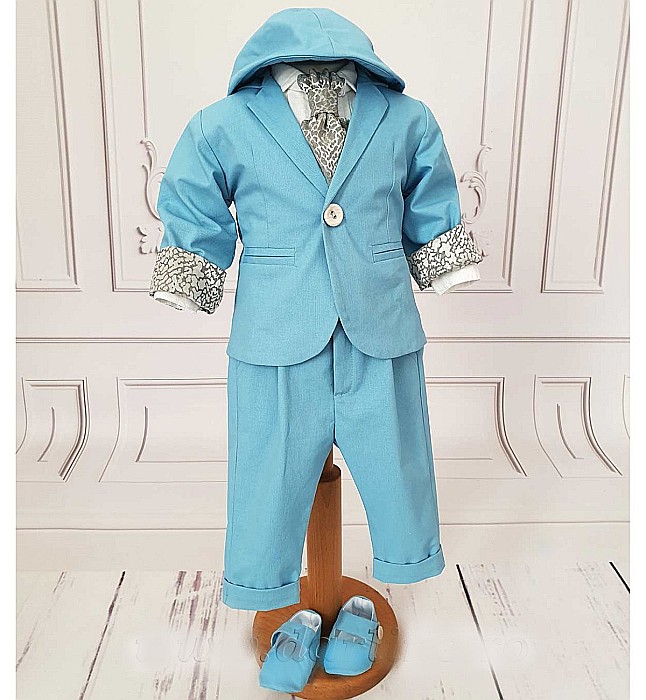 Costum de botez albastru baieti Azzuro de vara din bumbac bleu [2]