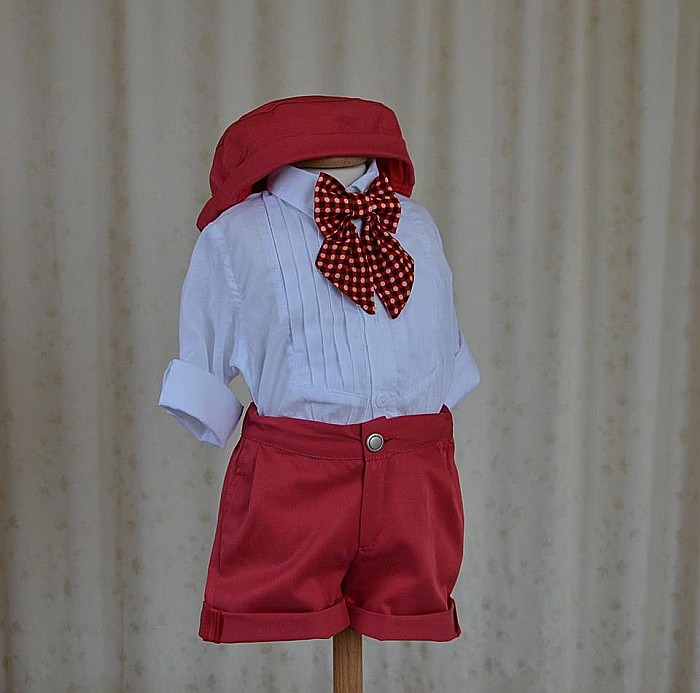 Costum de botez baiat de vara rosu si alb, Short Dots, 4 piese [3]