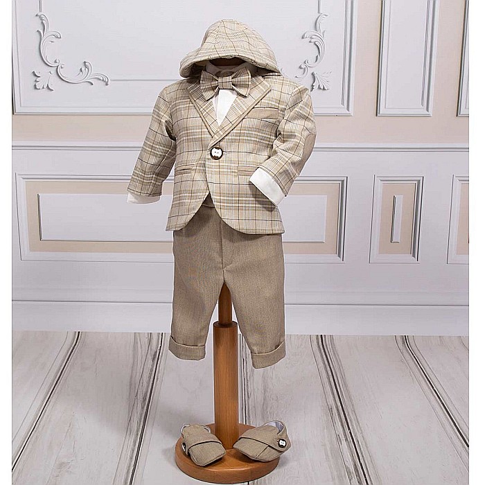 Costum de botez baiat elegant Sabin din stofa bej, croiala moderna, 7piese [2]