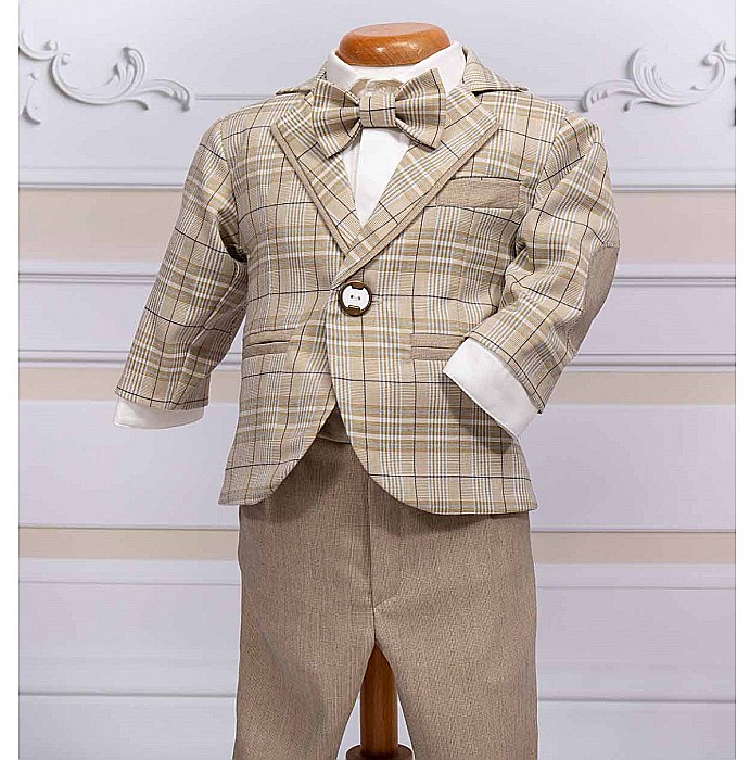 Costum de botez baiat elegant Sabin din stofa bej, croiala moderna, 7piese [4]