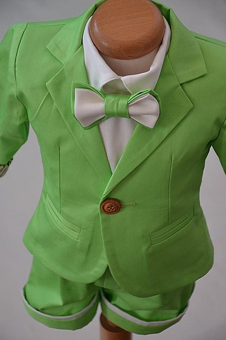 Costum de botez baiat pentru vara bumbac verde 6 piese, Forest [4]