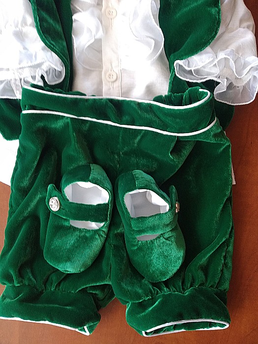 Costum de botez baiat print ROBIN catifea verde cu pantalon lung 6 piese, dvb37 [4]