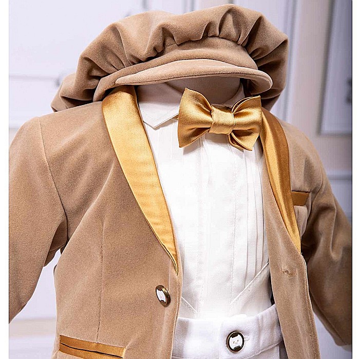 Costum de botez NOAH catifea alba cu bej, 7 piese [5]