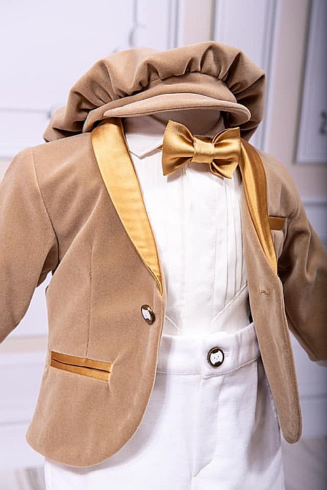 Costum de botez NOAH catifea alba cu bej, 7 piese [2]