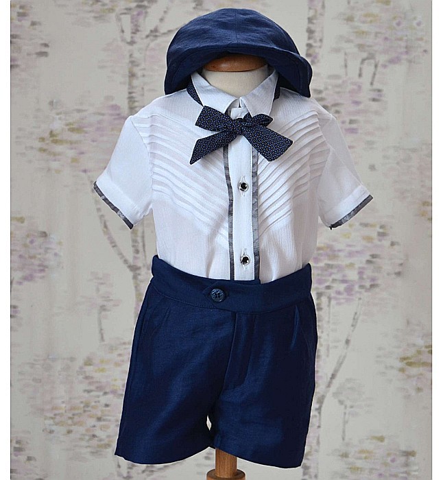 Costum de botez vara baiat EDY din in albastru, camasa body, 5 piese [3]