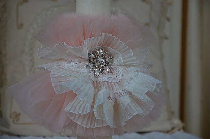 Lumanari botez biserica fetita decorata cu tull si dantela - dimensiune 35 cm, cvt04 [2]