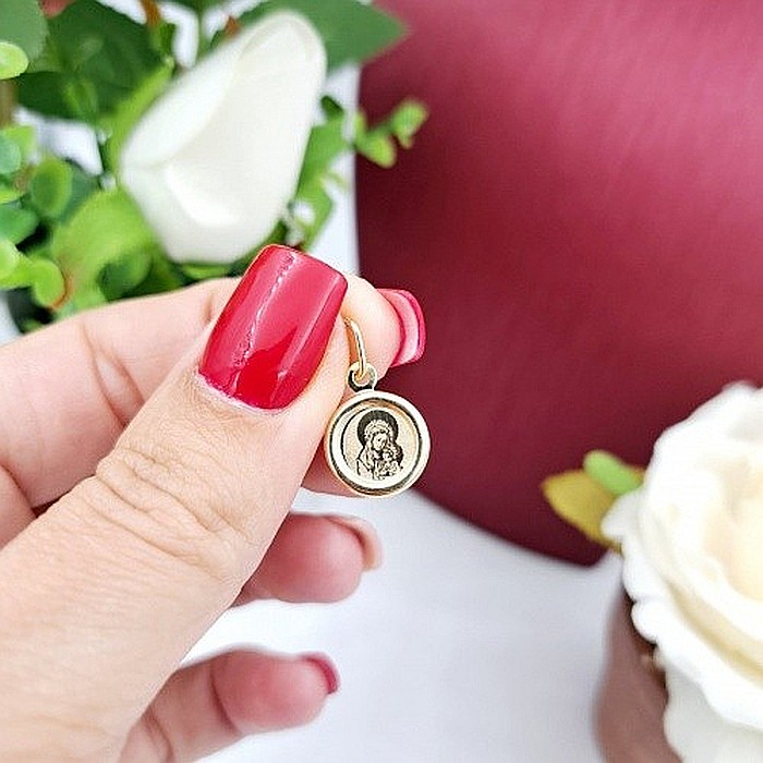Pandantiv din aur galben 14K ICONITA Maica Domnului cu pruncul banut 18 mm [2]