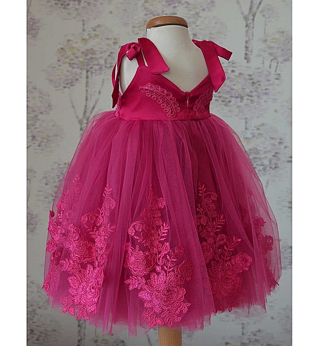 Rochita botez bebe roz pentru vara CARINA - set elegant tull si dantela fucsia ocazii speciale, 3 piese [2]