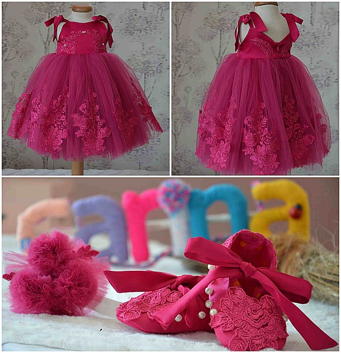 Rochita botez bebe roz pentru vara CARINA - set elegant tull si dantela fucsia ocazii speciale, 3 piese [7]