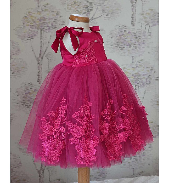 Rochita botez bebe roz pentru vara CARINA - set elegant tull si dantela fucsia ocazii speciale, 3 piese [6]