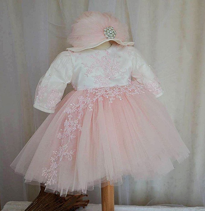 Rochita botez fetite bebe Princess - set printesa cu dantela roz si tull fin, 4 piese [2]