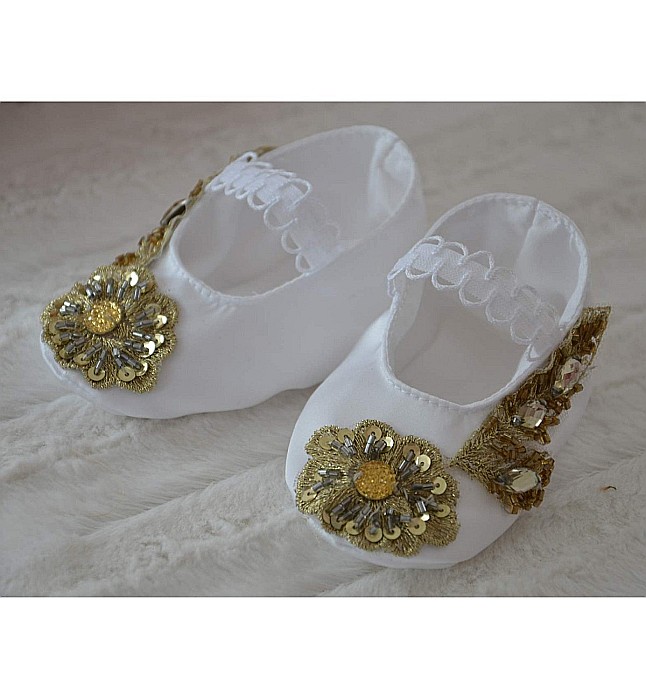Rochita botez vara alba SOLEIL - set elegant matase alba si dantela aurie, 3 piese [5]