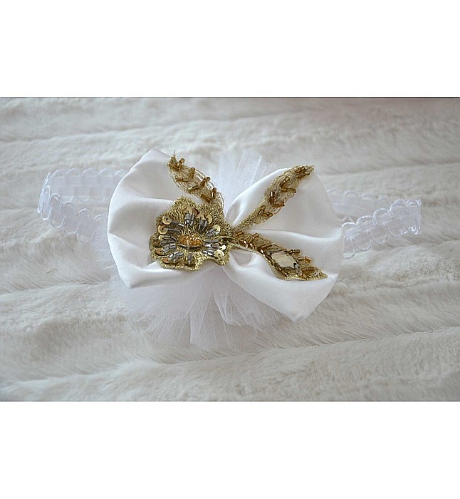 Rochita botez vara alba SOLEIL - set elegant matase alba si dantela aurie, 3 piese [3]