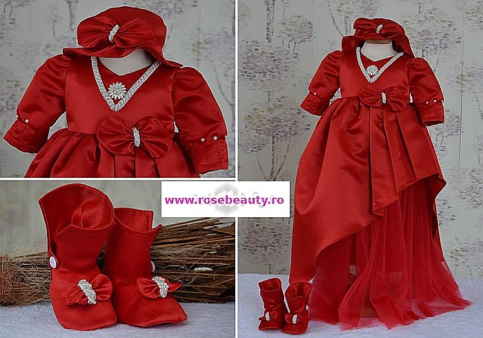 Rochita de botez rosie fetite RED ROSE- set elegant din tafta, 3 piese [2]