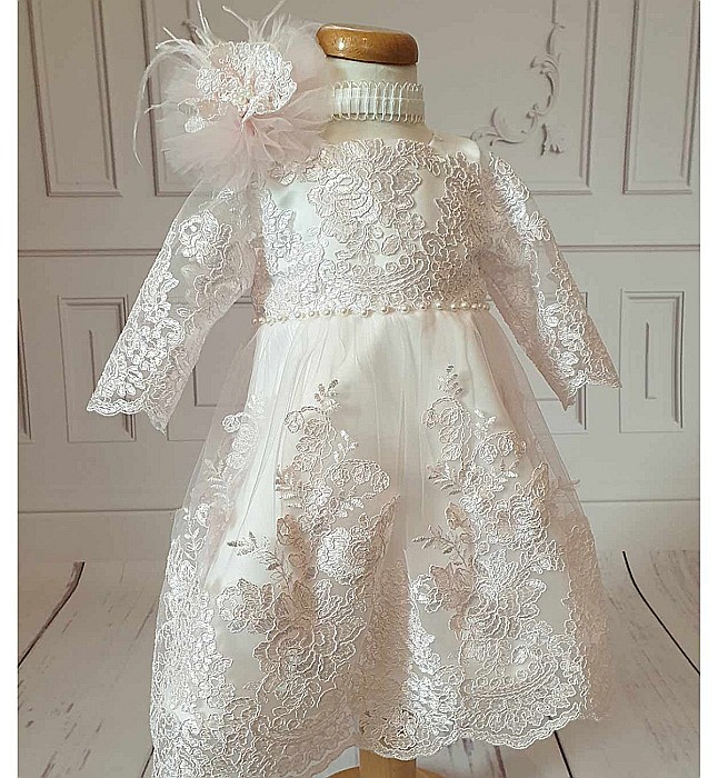 Rochita de botez roz fete fetite Antoinette - set elegant organza si dantela [4]