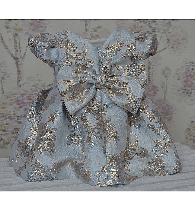 Rochita de botez vara Biserica Brocart Bleu - set elegant cu voaleta si botosei, 3 piese [3]