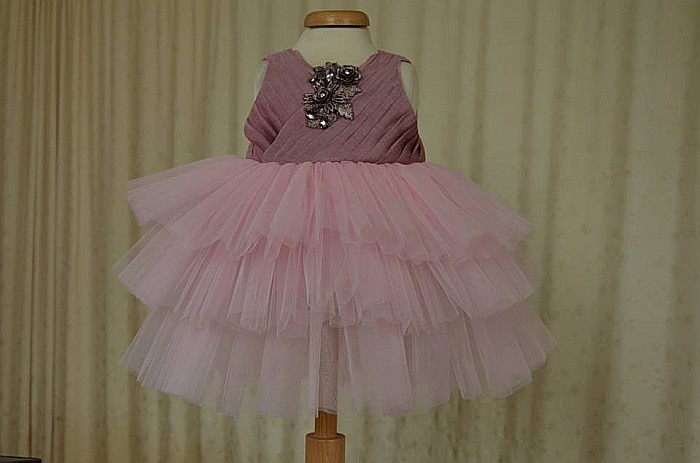 Rochita roz de botez fete fetite penru vara, Florenta- set vesel cu organza si tull, 3 piese [2]