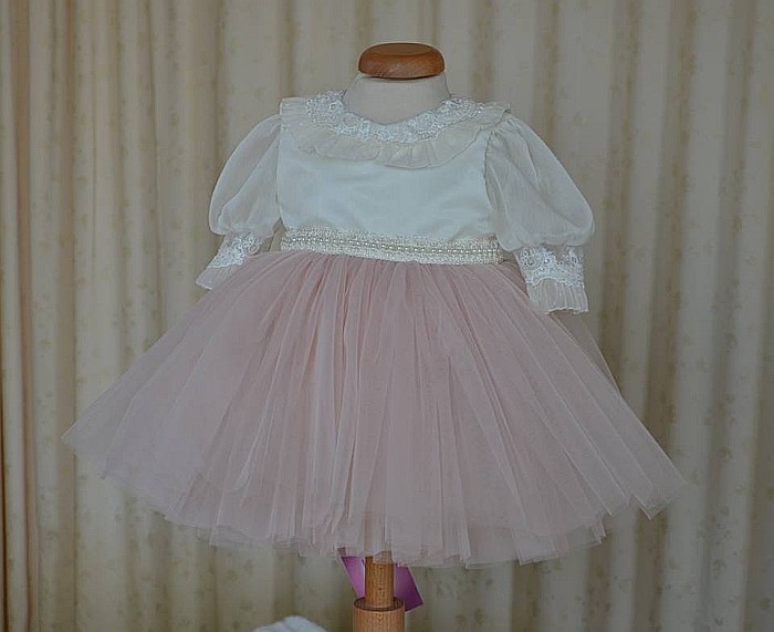 Rochite botez bebe roz de vara EVA - set elegant cu dantela si tull roz prafuit, 3 piese [2]