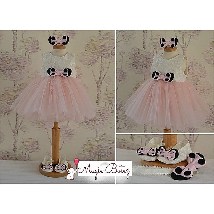 Rochite botez bebe roz de vara MINNIE DRESS - set dantela si tull fin, 3 piese [2]