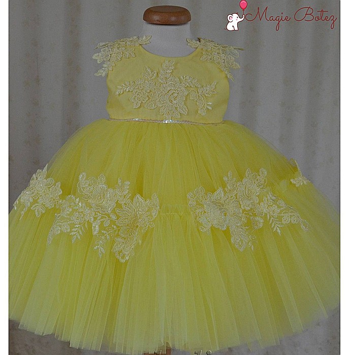 Rochite botez fetite vara SUNSHINE- set de vara tull galben si dantela, 3 piese [4]
