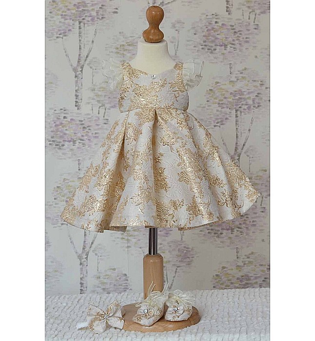 Rochite botez vara fetite - set GOLD din brocart auriu ocazii speciale, 3 piese [2]