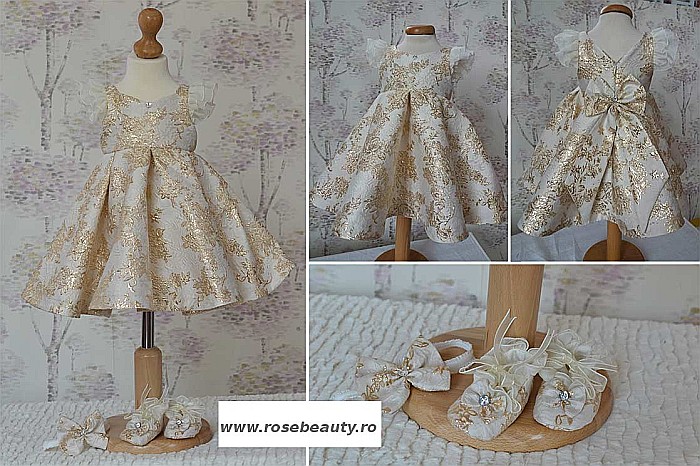 Rochite botez vara fetite - set GOLD din brocart auriu ocazii speciale, 3 piese [6]