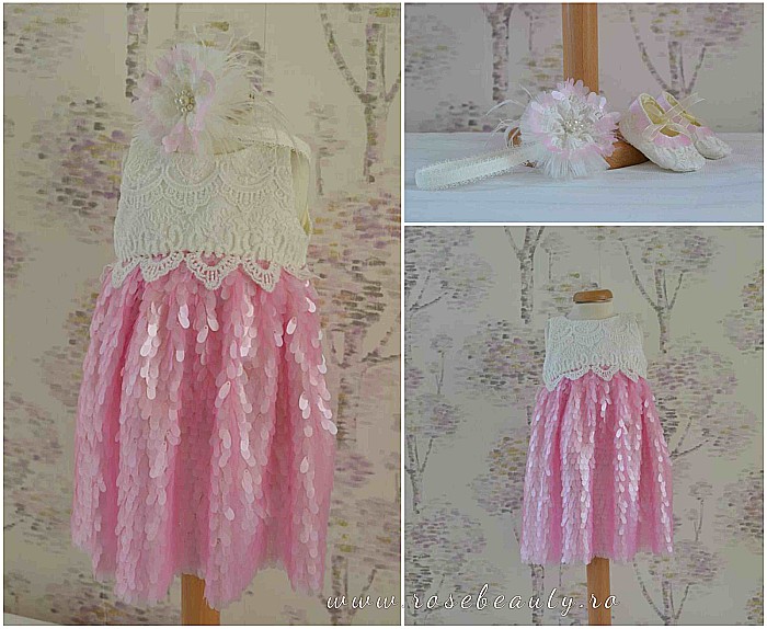 Rochite roz botez vara Mademoiselle - set chic din paiete, 3 piese [3]